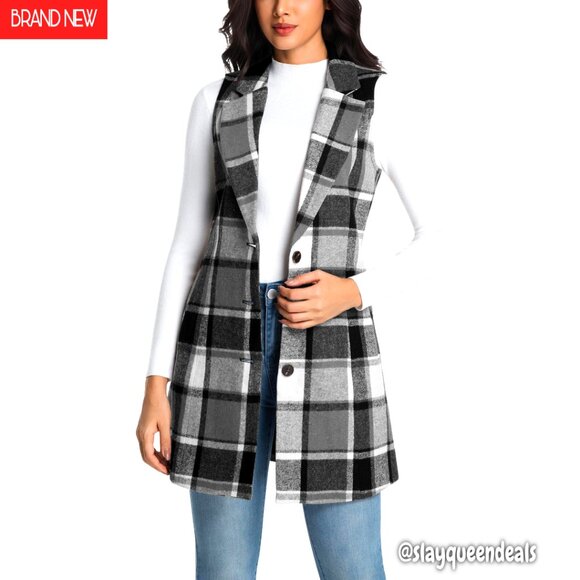 Long Wool Plaid Vest Sleeveless Blazer Jacket Fall Winter Casual